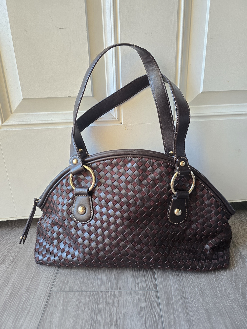 Mercer & Madison Brown Woven Vegan Leather Dome Satchel Shoulder Bag Gold Ring